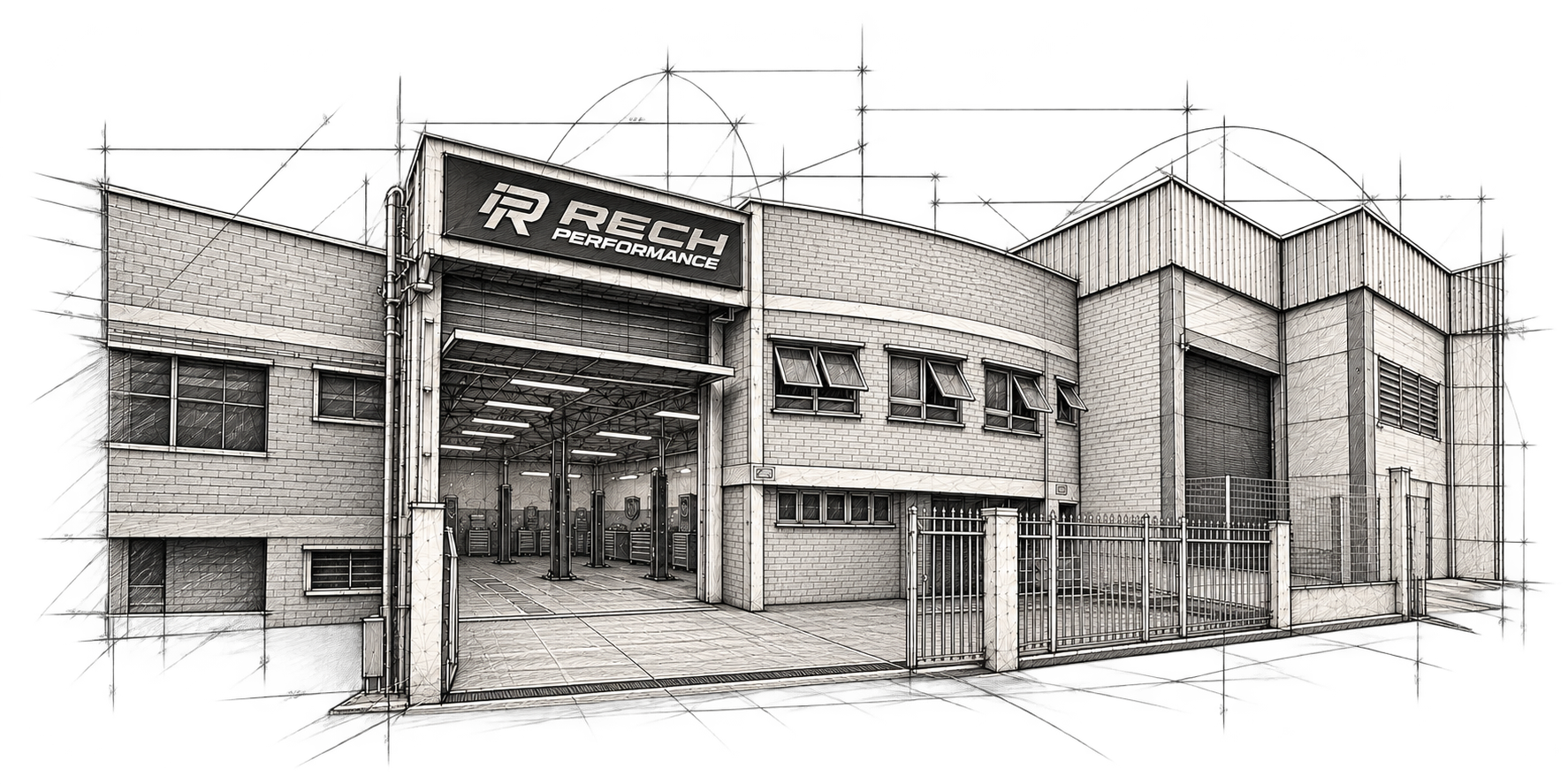 Ilustração arquitetônica da fachada de uma oficina automotiva